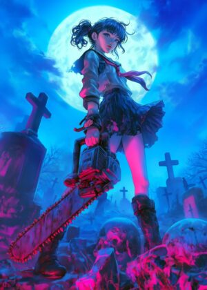 Wields Horror Goth Girl: Anime Art Print - Premium Wooden Framed Poster. Ready to Hang.