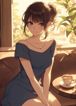 Anime Girl in a Cafe - Premium Wooden Framed Poster. Ready to Hang.