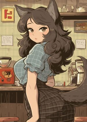 Cafe Wolf Charm: Anime Girl Art Print - Premium Wooden Framed Poster. Ready to Hang.