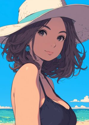Sunny Seaside Bliss: Anime Girl Summer Artwork - Premium Wooden Framed Poster. Ready to Hang.