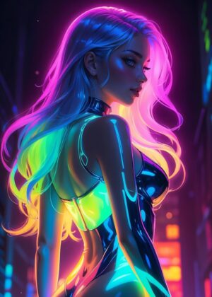 Neon Rainbow Woman: Cyberpunk Art Print - Premium Wooden Framed Poster. Ready to Hang.