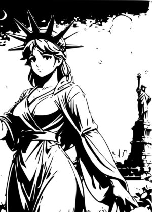 Anime Lady Liberty: A Unique Fusion of Cultures - Premium Wooden Framed Poster. Ready to Hang.