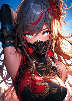 Crimson Ninja: Anime Art Print - Premium Wooden Framed Poster. Ready to Hang.