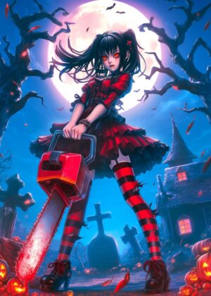 Moonlight Chainsaw Cutie: Halloween Art Print - Premium Wooden Framed Poster. Ready to Hang.