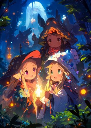 Three Young Forest Witches: Enchanted Forest Adventure - Premium Wooden Framed Poster. Ready to Hang.