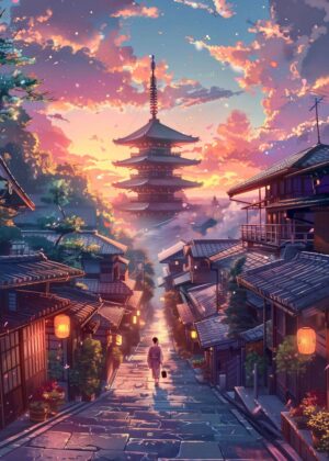 Sunset Serenity: Sannen Zaka Street, Kyoto - Premium Wooden Framed Poster. Ready to Hang.