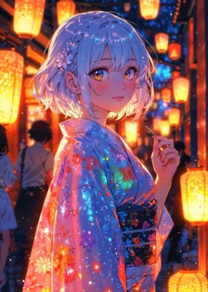 Enchanted Evening: Anime Girl in Yukata - Premium Wooden Framed Poster. Ready to Hang.
