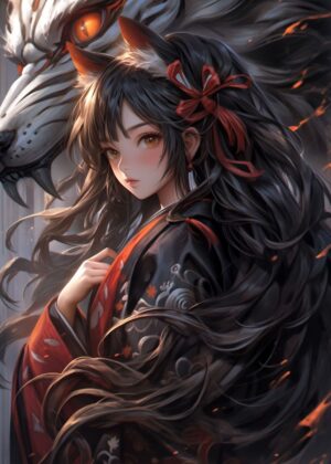 Wolf Girl Samurai: Anime Art Print - Premium Wooden Framed Poster. Ready to Hang.
