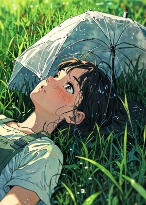 A Ghibli Dream: Anime Girl in Lush Green Field - Premium Wooden Framed Poster. Ready to Hang.