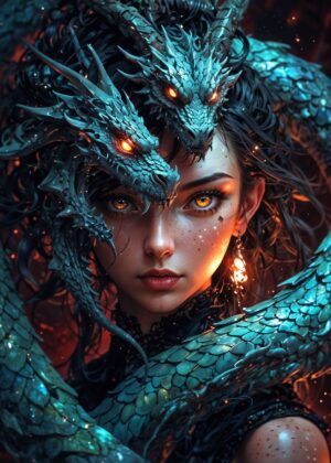 Double Trouble: A Mystical Dragon and Maiden Embrace - Premium Wooden Framed Poster. Ready to Hang.