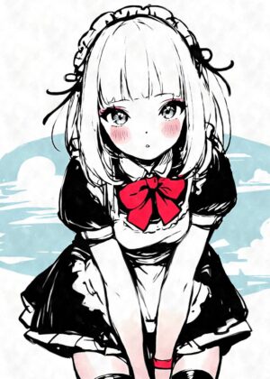 Kawaii Anime Maid Ink Art Print - Premium Wooden Framed Poster. Ready to Hang.