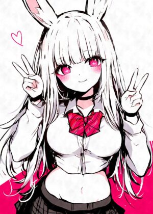 Kawaii Bunny Girl Peace Sign Anime Art Print - Premium Wooden Framed Poster. Ready to Hang.