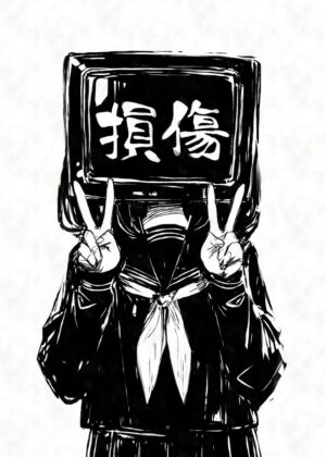 Anime Girl with TV Head and Kanji - Premium Wooden Framed Poster. Ready to Hang.