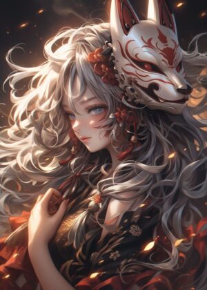 Fantasy Samurai Girl: Kitsune Mask Artwork - Premium Wooden Framed Poster. Ready to Hang.