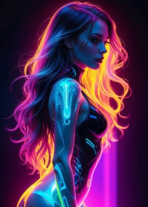Neon Dreams: Cyberpunk Woman Art Print - Premium Wooden Framed Poster. Ready to Hang.