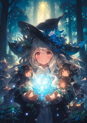 Anime Witch in Enchanting Forest - Premium Wooden Framed Poster. Ready to Hang.