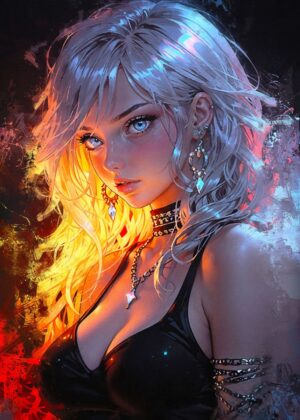 Anime Girl Masterpiece: Fiery Elegance - Premium Wooden Framed Poster. Ready to Hang.