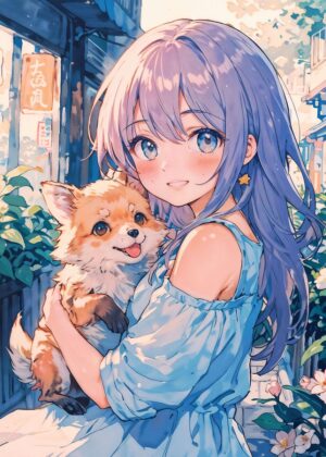 Anime Girl with Adorable Fox Pup - Premium Wooden Framed Poster. Ready to Hang.