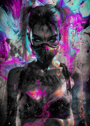Cyberpunk Girl: Digital Art Print - Premium Wooden Framed Poster. Ready to Hang.