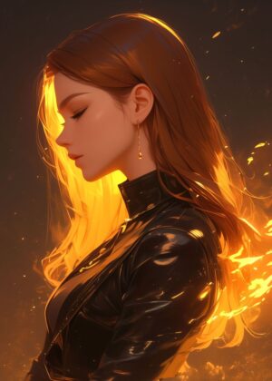 Anime Fire Queen: Fiery Digital Art Print - Premium Wooden Framed Poster. Ready to Hang.