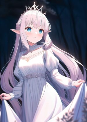 Adorable Anime Elf Princess with Crown Artwork - Premium Wooden Framed Poster. Ready to Hang.