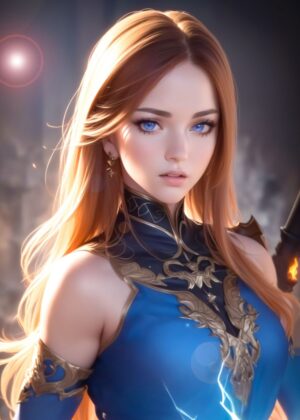 Cute Girl with Long Red Hair and Blue Dress - Premium Wooden Framed Poster. Ready to Hang.