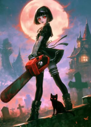 Graveyards Guardian Angel: Dark Fantasy Anime Art Print - Premium Wooden Framed Poster. Ready to Hang.