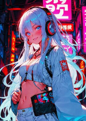 Music Neon Woman: Anime Girl in Vibrant Cityscape - Premium Wooden Framed Poster. Ready to Hang.