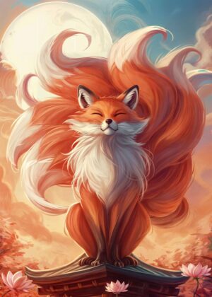 Sunset Fox: A Majestic Digital Art Print - Premium Wooden Framed Poster. Ready to Hang.