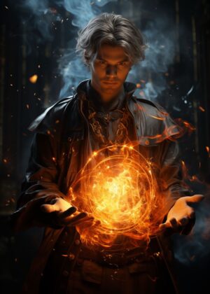 Mystical Fireball Wizard Art Print - Premium Wooden Framed Poster. Ready to Hang.