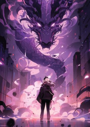 Demon Gothic Girl Facing a Purple Dragon in a Cyberpunk City - Premium Wooden Framed Poster. Ready to Hang.
