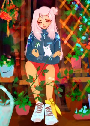 Whimsical Garden Girl: Anime Art Print - Premium Wooden Framed Poster. Ready to Hang.
