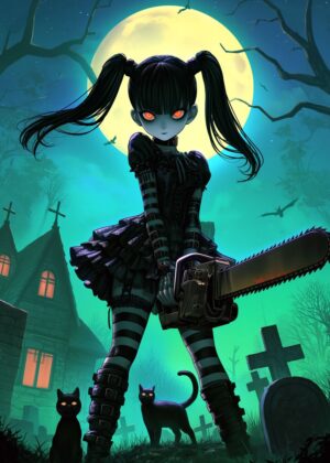 Anime Goth Girl Massacre: Dark Fantasy Artwork - Premium Wooden Framed Poster. Ready to Hang.