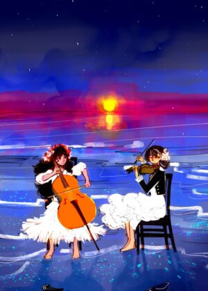 The Sea's Serenade: A Sunset Symphony - Premium Wooden Framed Poster. Ready to Hang.