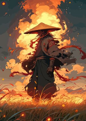 Demon Slayer Inspired Samurai Artwork: Fiery Sunset - Premium Wooden Framed Poster. Ready to Hang.