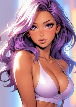 Purple Hair, Sexy Beauty: Stunning Anime Art Print - Premium Wooden Framed Poster. Ready to Hang.
