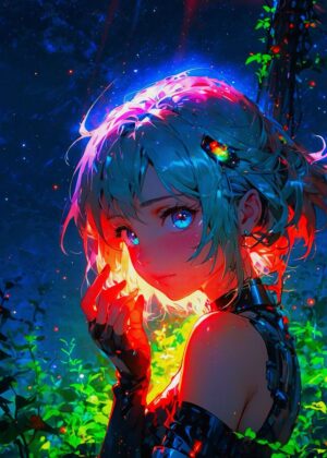 Neon Night Woman: Vibrant Anime Art Print - Premium Wooden Framed Poster. Ready to Hang.