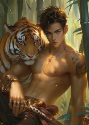 Mystical Tiger & Man: A Digital Art Print - Premium Wooden Framed Poster. Ready to Hang.