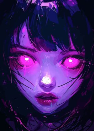Neon Anime Girl: Glowing Eyes and Vivid Hues - Premium Wooden Framed Poster. Ready to Hang.