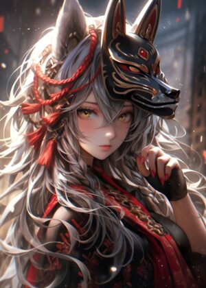 Kitsune Fury: Anime Girl with Fox Mask Artwork - Premium Wooden Framed Poster. Ready to Hang.