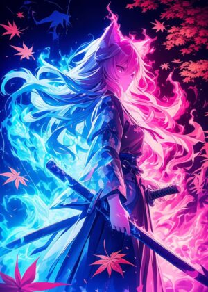Magical Samurai Girl: Anime Art Print - Premium Wooden Framed Poster. Ready to Hang.