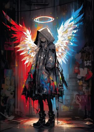 Cute Anime Girl with Colorful Wings - Premium Wooden Framed Poster. Ready to Hang.