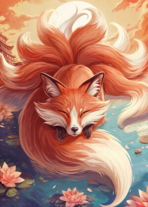 Sunset Nine-Tailed Fox: A Mystical Art Print - Premium Wooden Framed Poster. Ready to Hang.