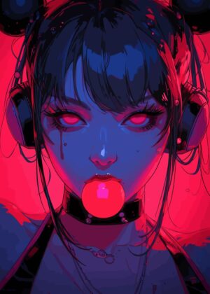 Neon Anime Girl: Cyberpunk Dreams - Premium Wooden Framed Poster. Ready to Hang.