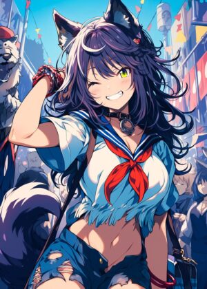 Happy Anime City Girl: Vibrant Summer Vibes - Premium Wooden Framed Poster. Ready to Hang.