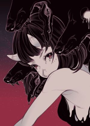 Dark Fantasy Art Print: Canine Spirits and the Oni Maiden - Premium Wooden Framed Poster. Ready to Hang.