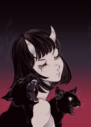 Dark Fantasy Girl with Cats Art Print - Premium Wooden Framed Poster. Ready to Hang.