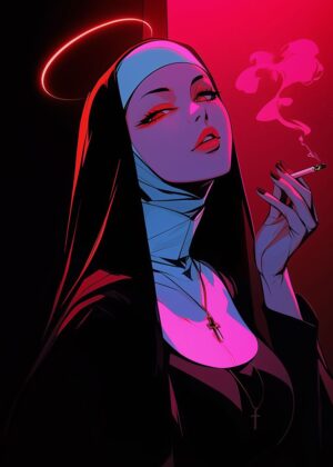 Neon Nun: A Cyberpunk Art Print - Premium Wooden Framed Poster. Ready to Hang.