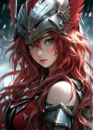 Steel and Valor: A Warrior Maiden's Portrait - Premium Wooden Framed Poster. Ready to Hang.
