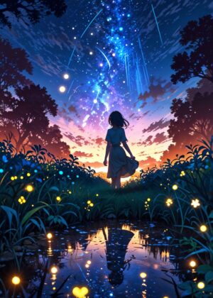 Firefly Fantasia: A Girl's Journey Under the Starry Sky - Premium Wooden Framed Poster. Ready to Hang.